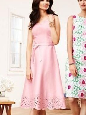 Talbots 100% linen Light Pink Eyelet Trim Sleeveless Dress size 8
